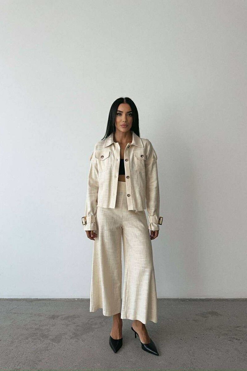 ONE COLOR BUTTONED JACKET+TROUSERS WOMEN SET CREAM/KREM - 1