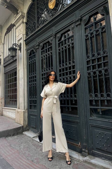 ONE COLOR BUTTONED LACING BELT WOMAN JUMPSUIT BEIGE/BEZHE - 2