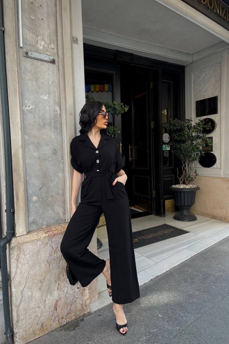 ONE COLOR BUTTONED LACING BELT WOMAN JUMPSUIT BLACK/ E ZEZE - 1