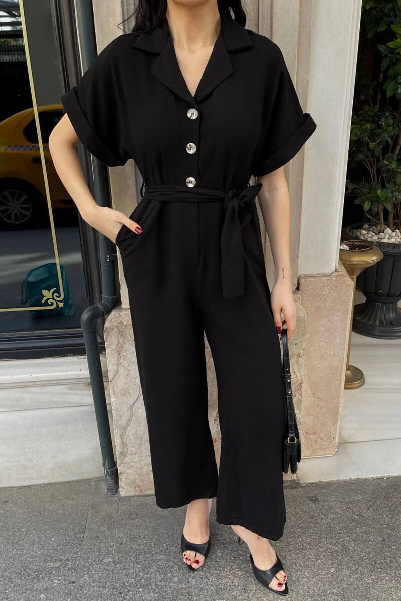 ONE COLOR BUTTONED LACING BELT WOMAN JUMPSUIT BLACK/ E ZEZE - 2