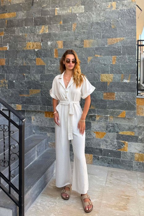 ONE COLOR BUTTONED LACING BELT WOMAN JUMPSUIT CREAM/KREM - 2