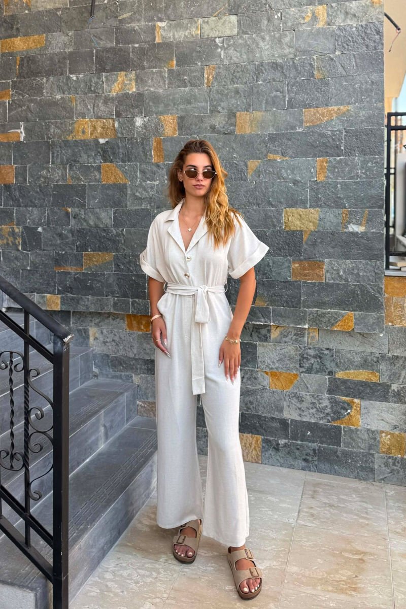 ONE COLOR BUTTONED LACING BELT WOMAN JUMPSUIT CREAM/KREM - 2