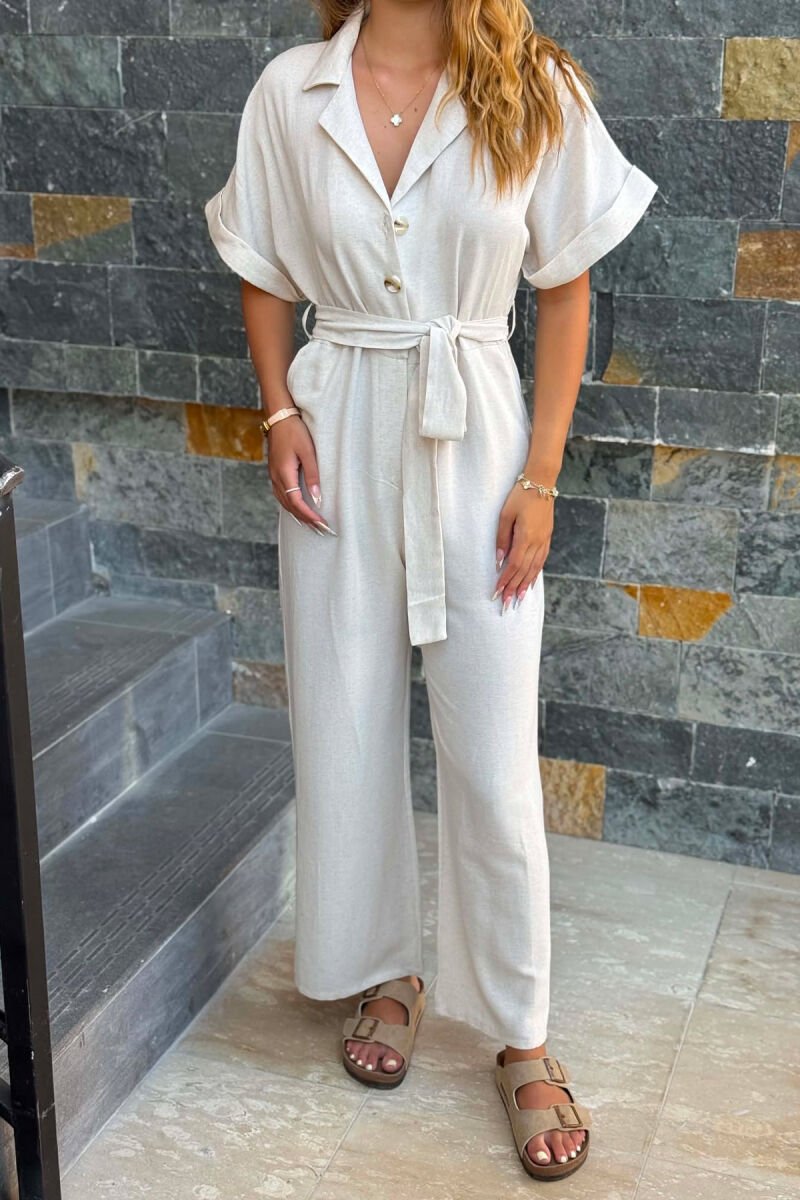 ONE COLOR BUTTONED LACING BELT WOMAN JUMPSUIT CREAM/KREM - 3