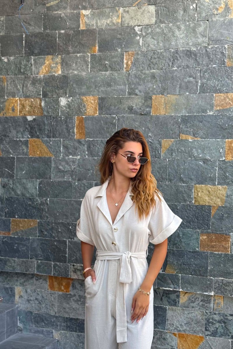 ONE COLOR BUTTONED LACING BELT WOMAN JUMPSUIT CREAM/KREM - 4
