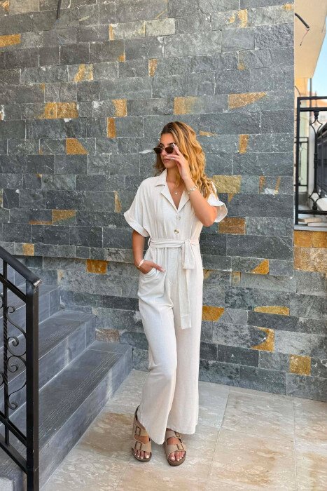 ONE COLOR BUTTONED LACING BELT WOMAN JUMPSUIT CREAM/KREM - 5