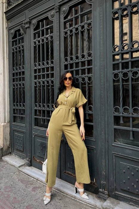 ONE COLOR BUTTONED LACING BELT WOMAN JUMPSUIT OLIVE/ULLI - 1