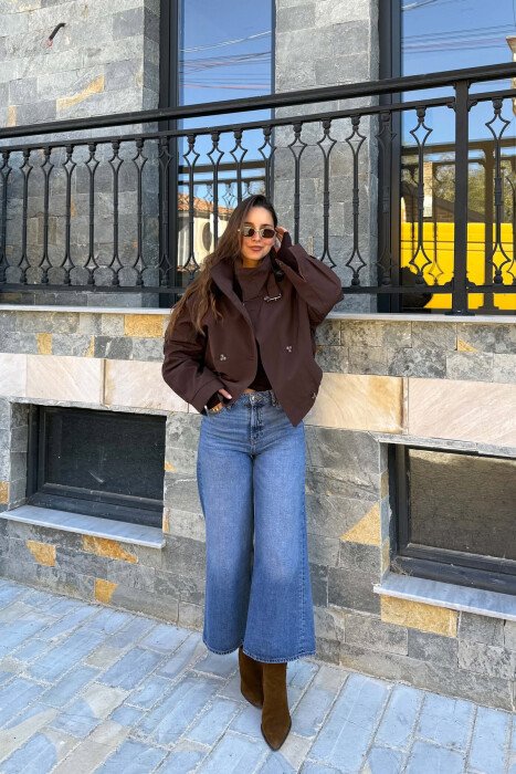 ONE COLOR BUTTONED ELASTIC WAIST WOMEN JACKET BROWN/KAFE - 2