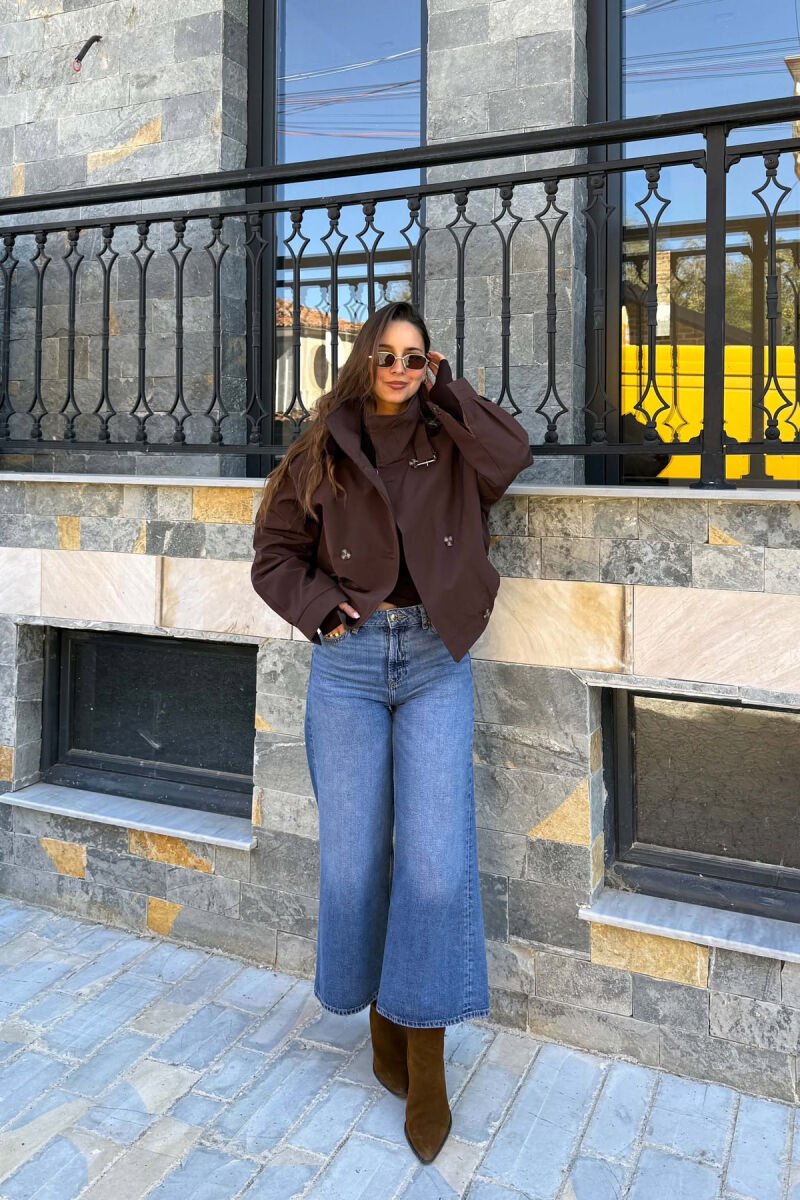 ONE COLOR BUTTONED ELASTIC WAIST WOMEN JACKET BROWN/KAFE - 2