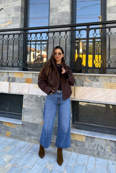 ONE COLOR BUTTONED ELASTIC WAIST WOMEN JACKET BROWN/KAFE - 3