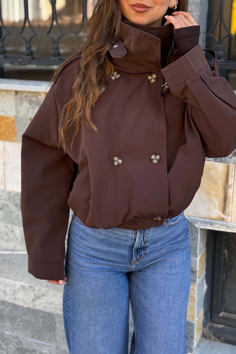 ONE COLOR BUTTONED ELASTIC WAIST WOMEN JACKET BROWN/KAFE - 6