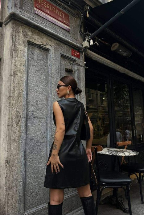 ONE COLOR BUTTONED LEATHER SLEEVELESS WOMEN DRESS BLACK/ E ZEZE - 7
