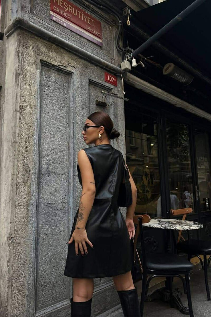 ONE COLOR BUTTONED LEATHER SLEEVELESS WOMEN DRESS BLACK/ E ZEZE - 7
