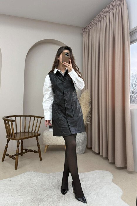ONE COLOR BUTTONED LEATHER SLEEVELESS WOMEN DRESS BLACK/ E ZEZE - 