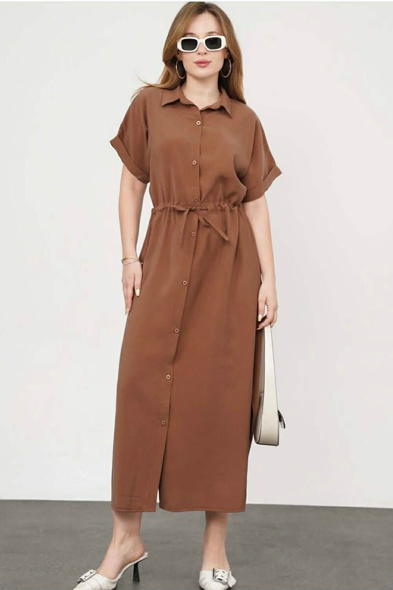 ONE COLOR BUTTONED LONG WOMEN DRESS BROWN/KAFE - 1