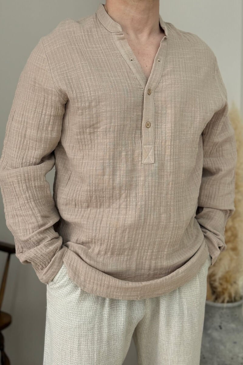 ONE COLOR BUTTONED MEN SHIRT BEIGE/BEZHE - 2