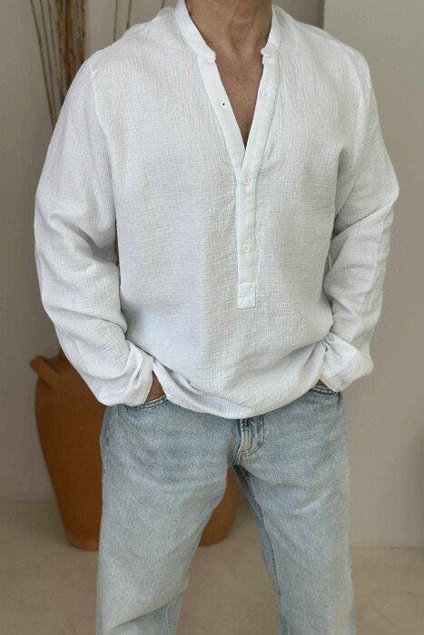 ONE COLOR BUTTONED MEN SHIRT WHITE-E BARDHE - 2