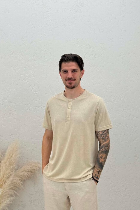ONE COLOR BUTTONED MEN T-SHIRT BEIGE/BEZHE - KLAUDIO FASHION