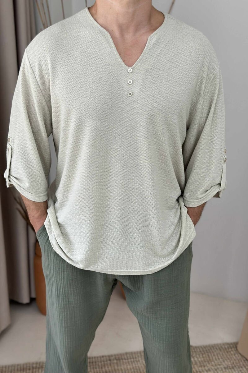 ONE COLOR BUTTONED MEN T-SHIRT LIGHT BEIGE/BZHZB - 1