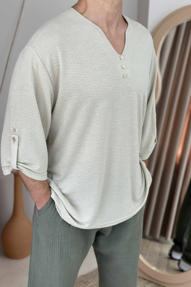 ONE COLOR BUTTONED MEN T-SHIRT LIGHT BEIGE/BZHZB - 2