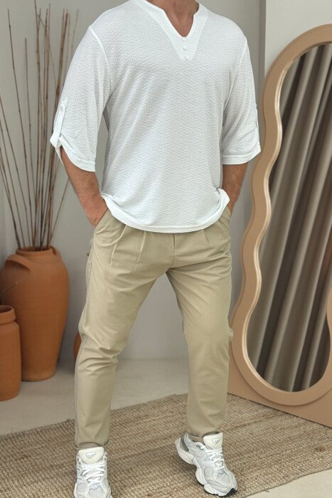 ONE COLOR BUTTONED MEN T-SHIRT WHITE-E BARDHE - KLAUDIO FASHION