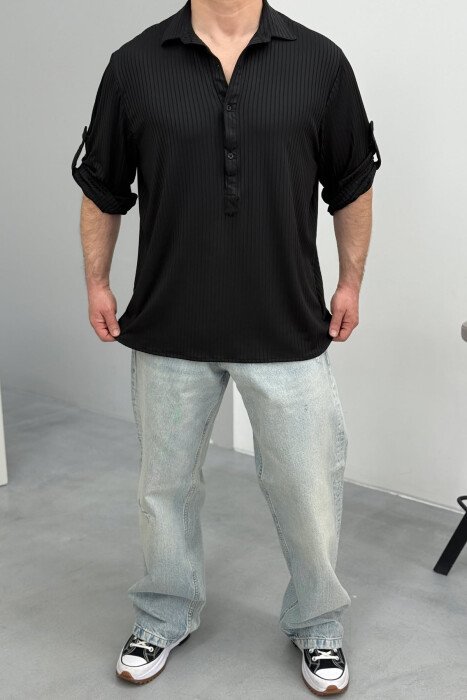 ONE COLOR BUTTONED NECK MEN T-SHIRT BLACK/ E ZEZE - 2