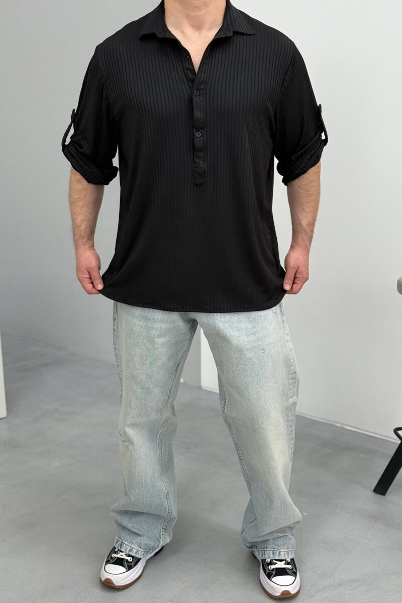 ONE COLOR BUTTONED NECK MEN T-SHIRT BLACK/ E ZEZE - 2