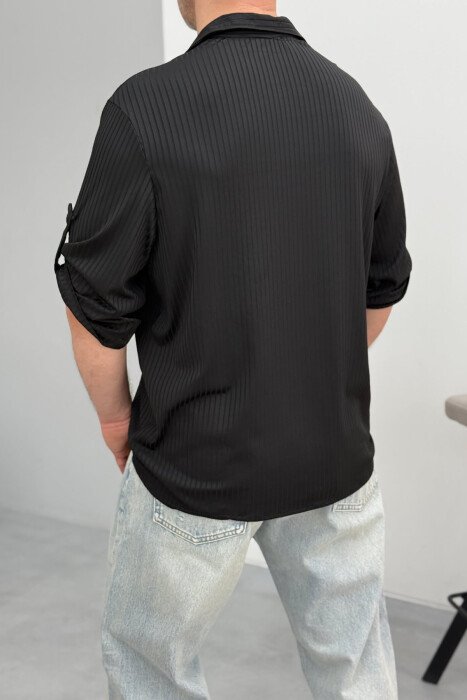 ONE COLOR BUTTONED NECK MEN T-SHIRT BLACK/ E ZEZE - 4