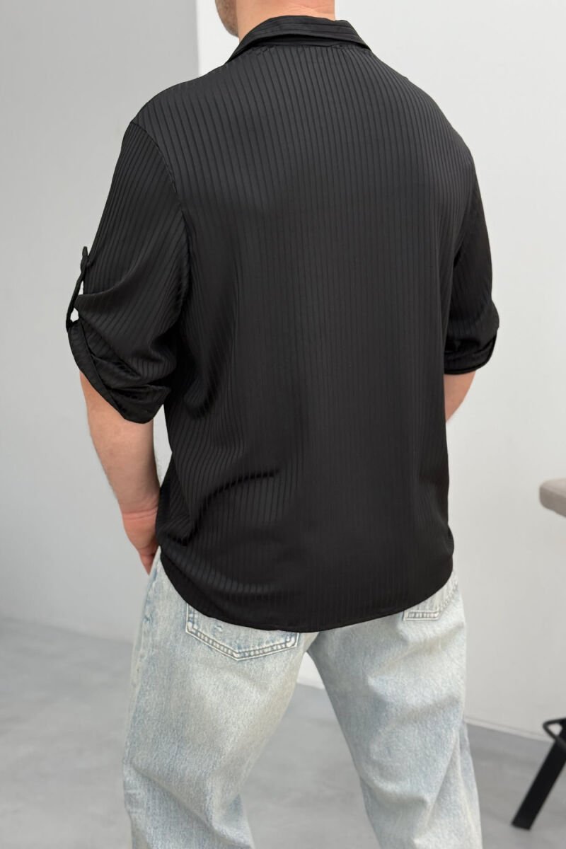 ONE COLOR BUTTONED NECK MEN T-SHIRT BLACK/ E ZEZE - 4