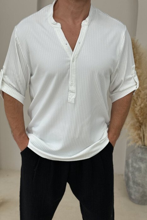 ONE COLOR BUTTONED NECK MEN T-SHIRT WHITE-E BARDHE - 2
