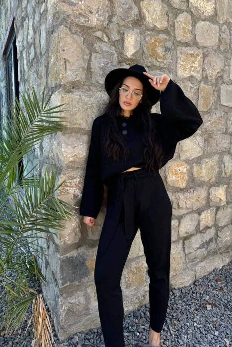 ONE COLOR BUTTONED NECK SWEATER +TROUSERS WOMAN SET BLACK/ E ZEZE - 2