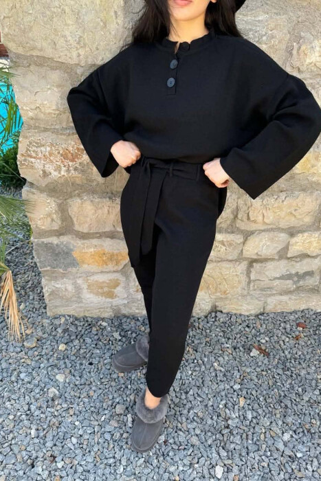 ONE COLOR BUTTONED NECK SWEATER +TROUSERS WOMAN SET BLACK/ E ZEZE - 3