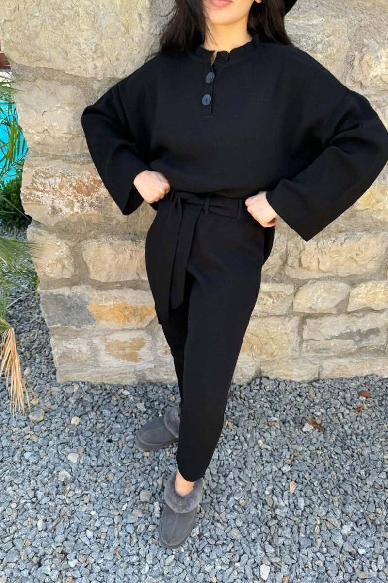 ONE COLOR BUTTONED NECK SWEATER +TROUSERS WOMAN SET BLACK/ E ZEZE - 3