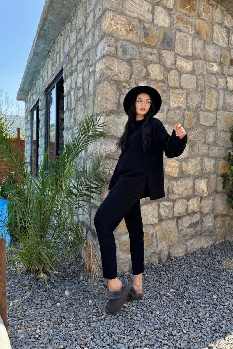 ONE COLOR BUTTONED NECK SWEATER +TROUSERS WOMAN SET BLACK/ E ZEZE - 4
