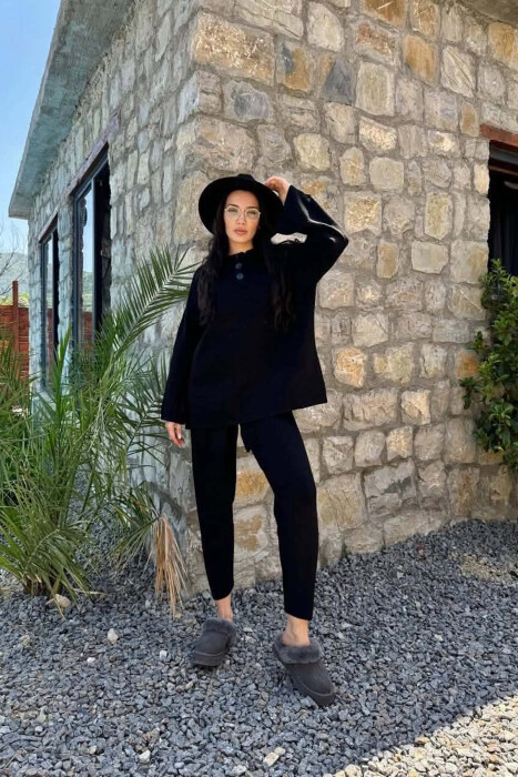 ONE COLOR BUTTONED NECK SWEATER +TROUSERS WOMAN SET BLACK/ E ZEZE - 
