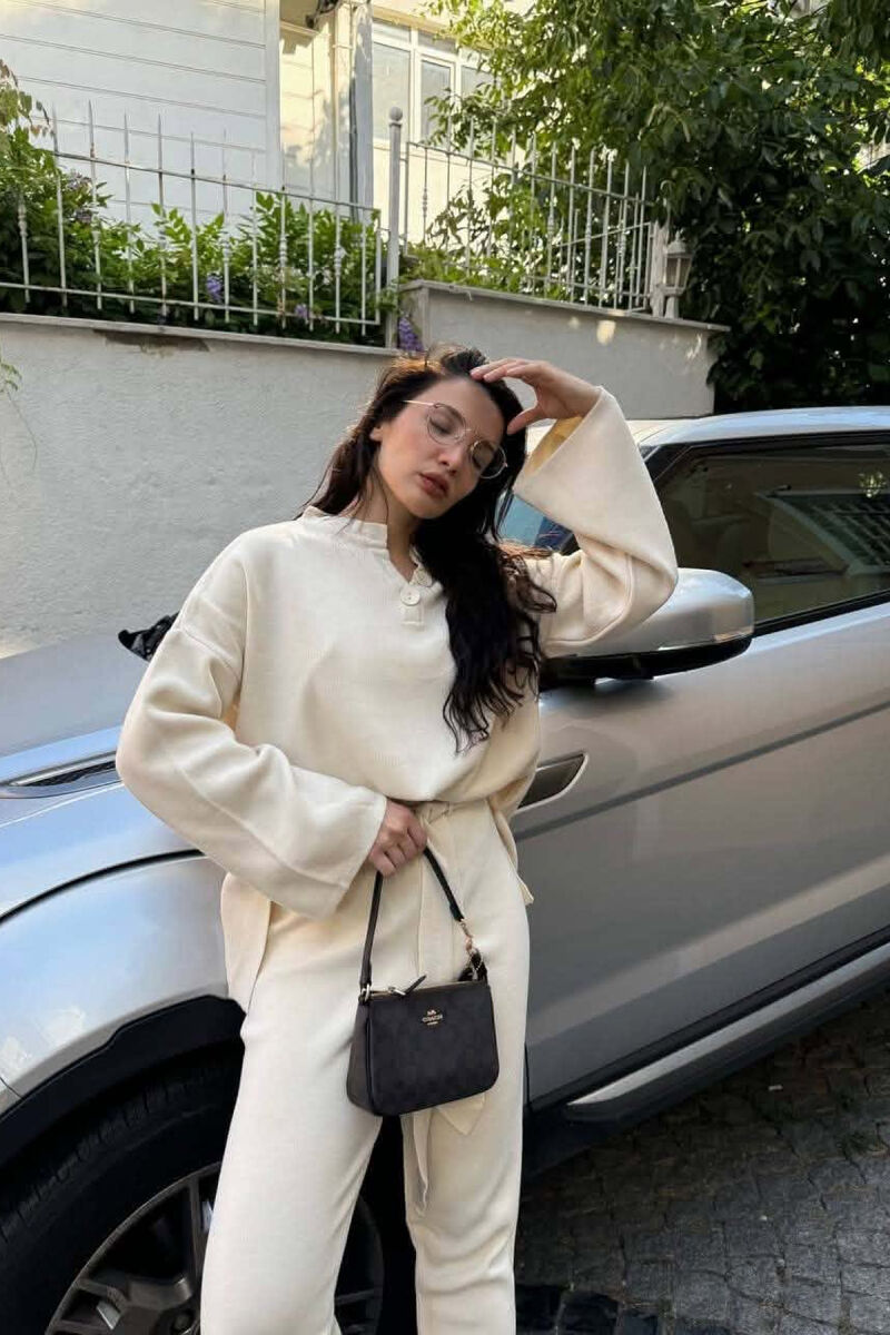 ONE COLOR BUTTONED NECK SWEATER +TROUSERS WOMAN SET CREAM/KREM - 2