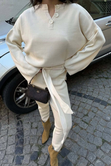 ONE COLOR BUTTONED NECK SWEATER +TROUSERS WOMAN SET CREAM/KREM - 3