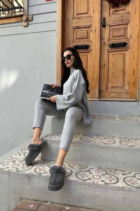 ONE COLOR BUTTONED NECK SWEATER +TROUSERS WOMAN SET GREY/GRI - 2