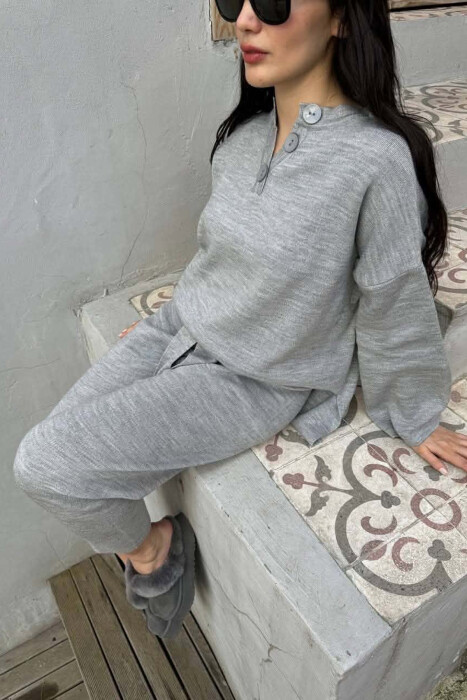 ONE COLOR BUTTONED NECK SWEATER +TROUSERS WOMAN SET GREY/GRI - 3