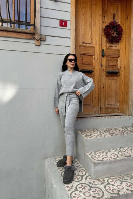 ONE COLOR BUTTONED NECK SWEATER +TROUSERS WOMAN SET GREY/GRI - 