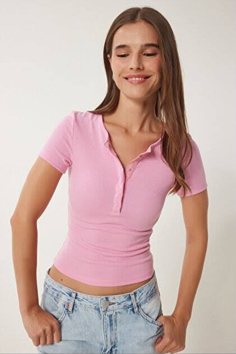 ONE COLOR BUTTONED NECK WOMAN T-SHIRT PINK/ROZE - 1