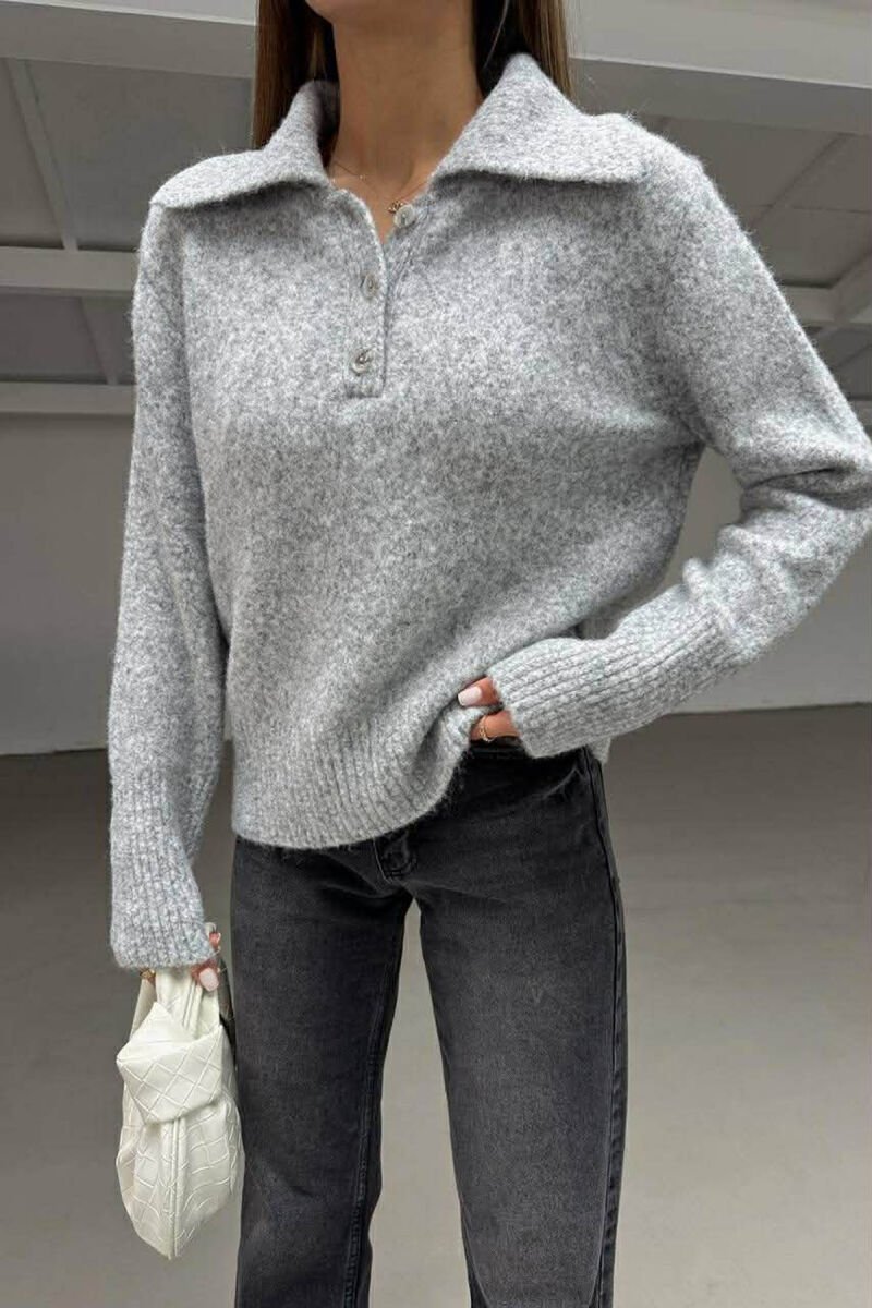 ONE COLOR BUTTONED NECK WOMEN SWEATER LIGHT GREY/GZ - 1
