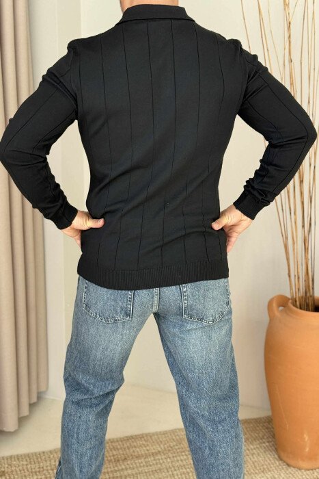 ONE COLOR BUTTONED POLO NECK MEN SWEATER BLACK/ E ZEZE - 2