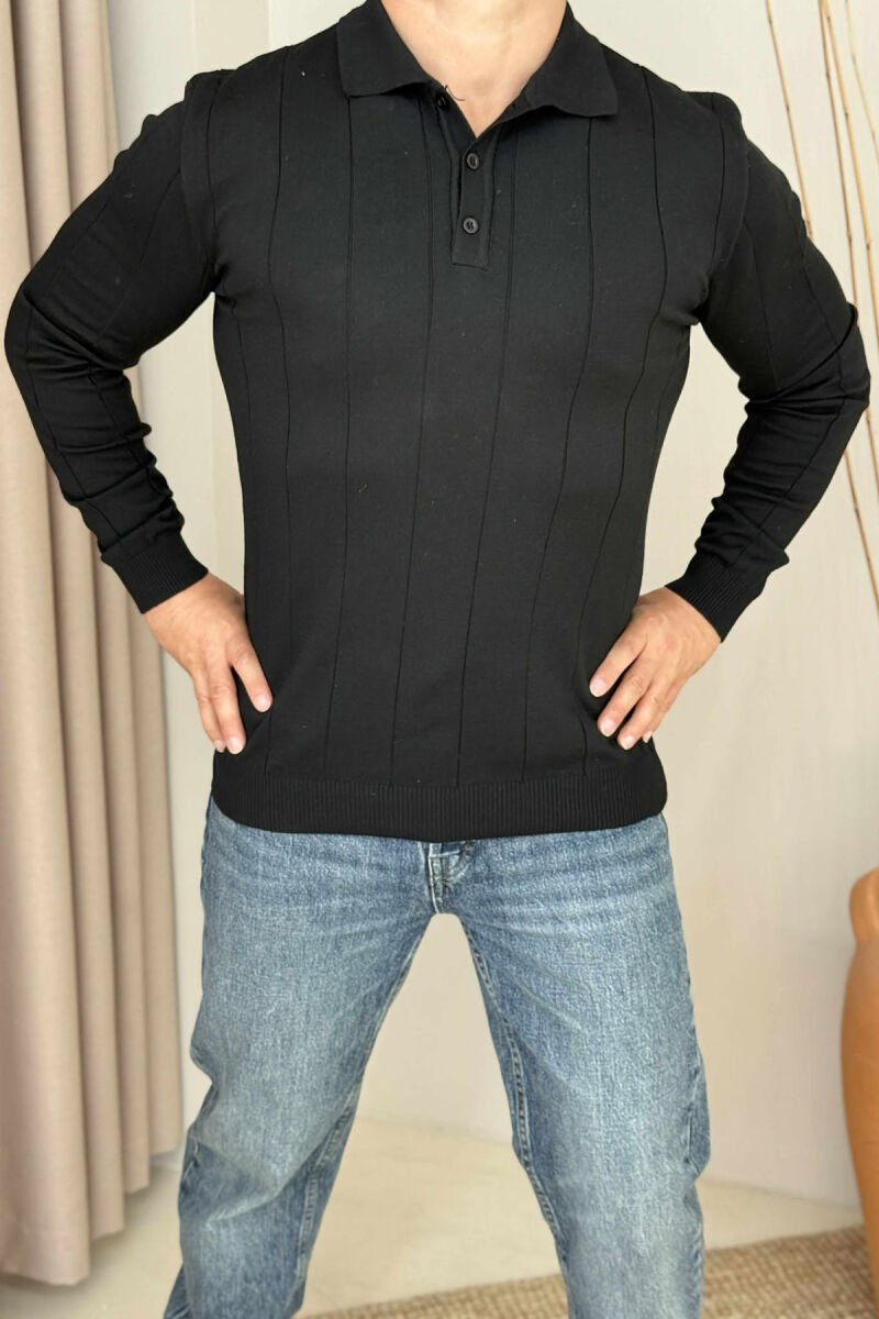 ONE COLOR BUTTONED POLO NECK MEN SWEATER BLACK/ E ZEZE - 3