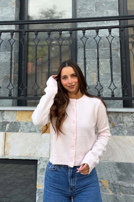 ONE COLOR BUTTONED ROUND NECK WOMAN CARDIGAN PINK/ROZE - 1