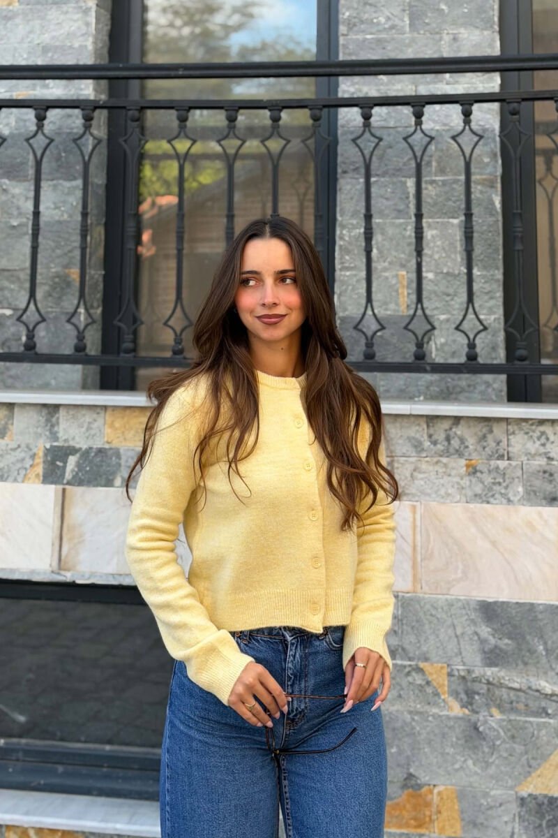 ONE COLOR BUTTONED ROUND NECK WOMAN CARDIGAN YELLOW/E VERDHE - 1