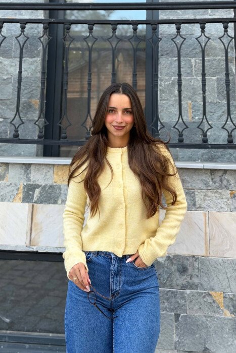 ONE COLOR BUTTONED ROUND NECK WOMAN CARDIGAN YELLOW/E VERDHE - 3