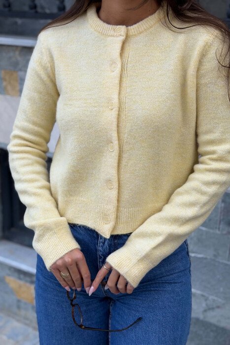 ONE COLOR BUTTONED ROUND NECK WOMAN CARDIGAN YELLOW/E VERDHE - 4