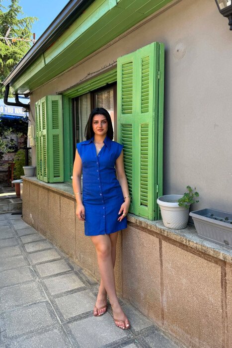 ONE COLOR BUTTONED SHORT WOMAN DRESS BLUE/BLU - 2