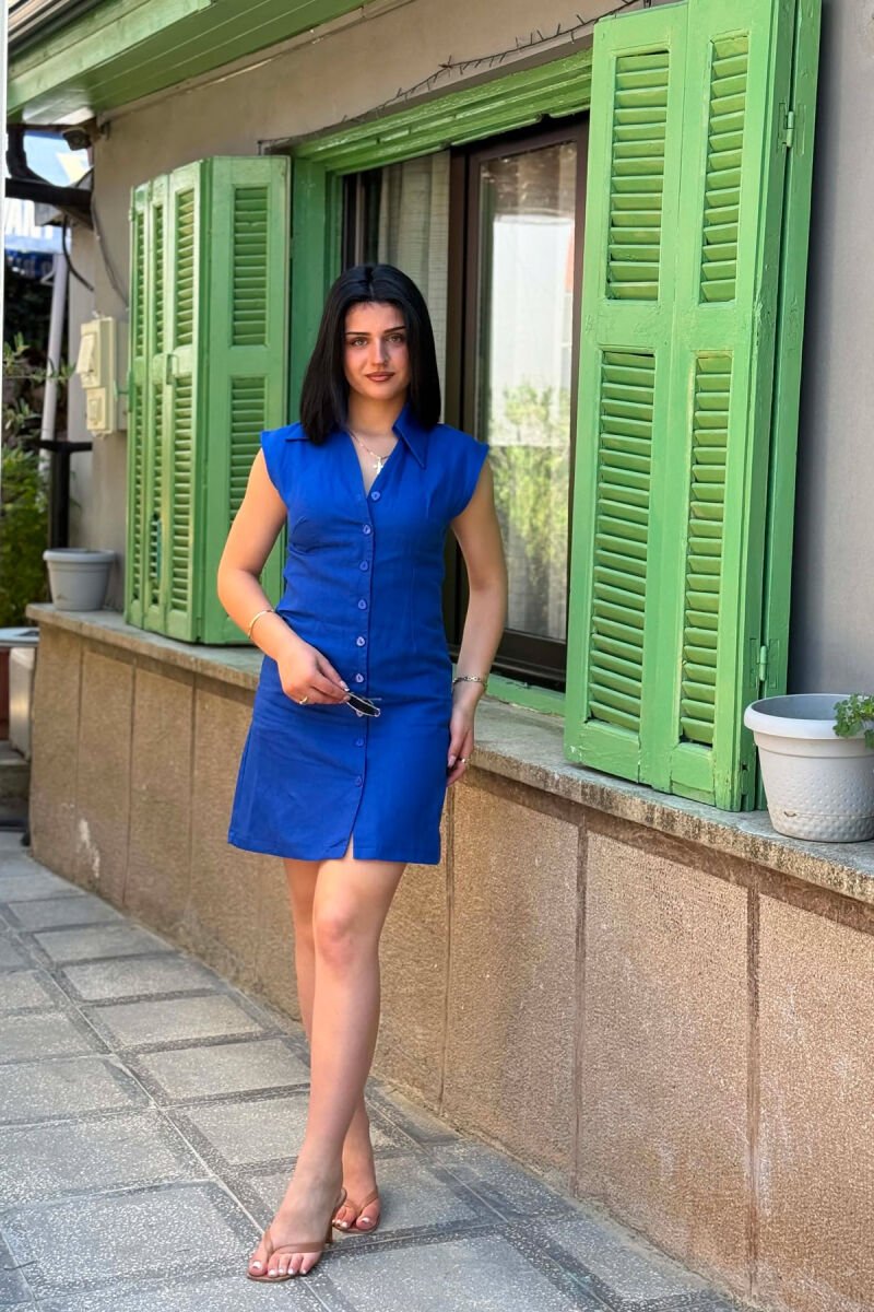ONE COLOR BUTTONED SHORT WOMAN DRESS BLUE/BLU - 7