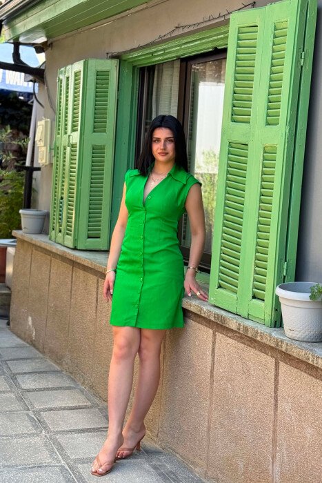ONE COLOR BUTTONED SHORT WOMAN DRESS GREEN/JESHILE - 2